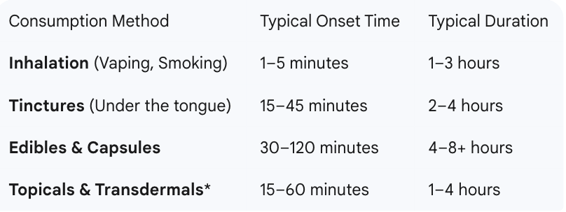 A chart showing the different cannabis onset times for edibles, vapes, and tinctures